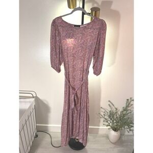 WUKOgals Pink Floral Ditsy Maxi Dress 3/4 Puff Sleeve Tiered Modest Size M